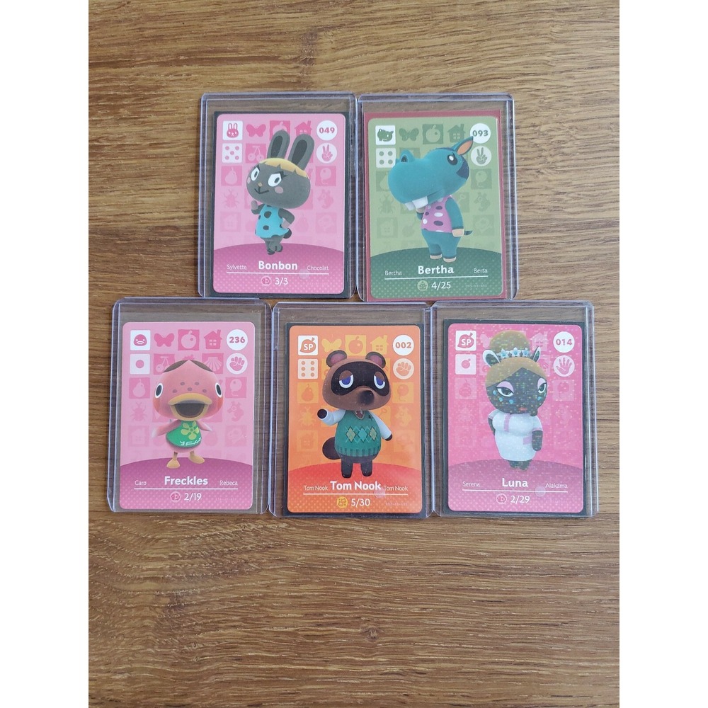 5 Nintendo Animal Crossing Amiibo Cards Tom Nook Luna Bonbon Bertha Freckles